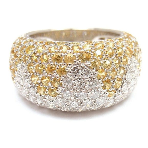 Authentic! Chopard 18k White Gold Yellow Sapphire Diamond Wave Wide Band Ring - Picture 2 of 12